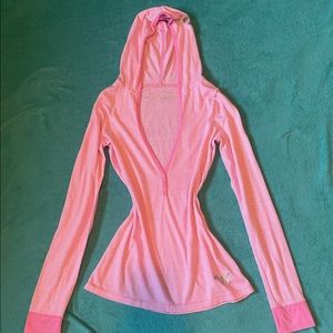 Victoria’s Secret PINK Long Sleeve Pink & White Stripe Henley Shirt w/ Hood